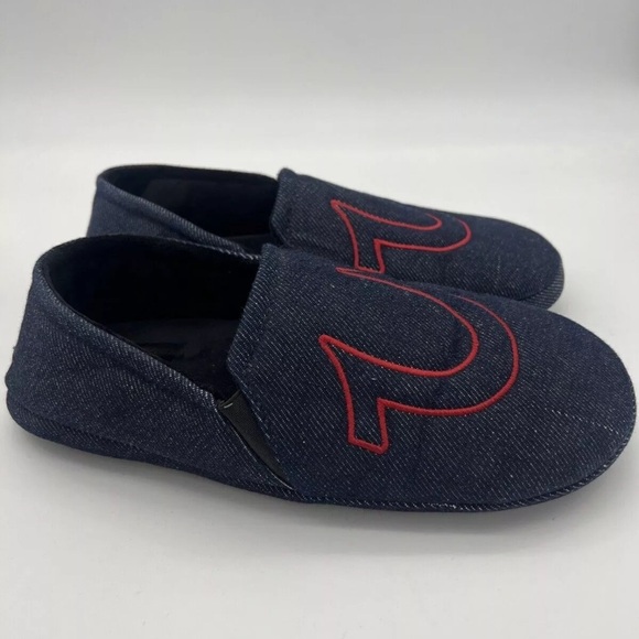 TRUE RELIGION Slippers Mens Size 9 - 10 Blue Denim Red Logo Slip On Hard Bottom - Picture 1 of 6